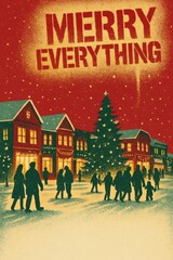 Town square filled with people celebrating Christmas in a snowy night scene with copy space. Perfect for holiday posters, event flyers, winter travel ads, and festive greeting designs.
