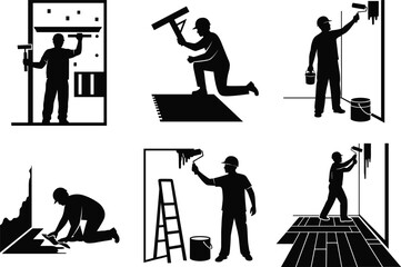 Obraz premium Home renovation worker silhouettes, painting, plastering, tiling, construction tasks, DIY interior improvement, vector illustration, black and white, editable, commercial use