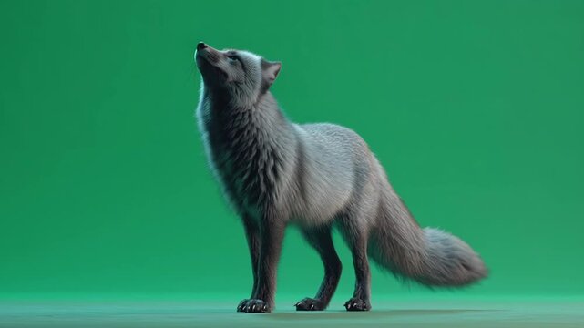 A silver fox standing and looking upward against a solid bright green colored background studio shot green screen video