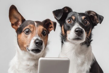 Two curious dogs gazing at a smartphone, showcasing their playful excitement in a bright space