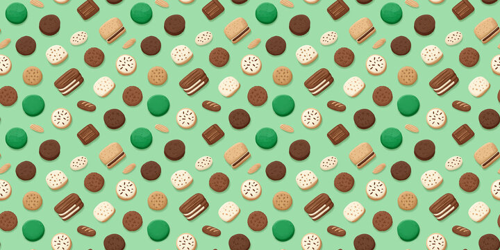 Seamless, vibrant pattern featuring minimalist, cute illustrations of Girl Scout cookies (Thin Mints, Samoas, Tagalongs, Do-si-dos) in a clean repeating grid on a solid, light-green pastel background.