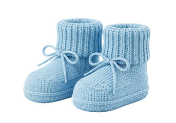 Isolated pair of light blue woolen knitted baby booties with tied bows for newborns