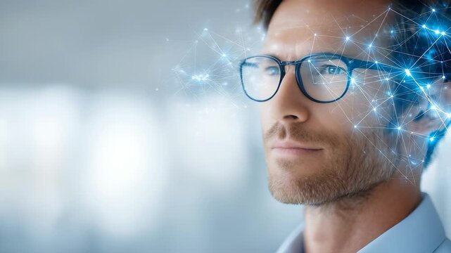 Confident man in glasses looking ahead with futuristic digital network overlay, symbolizing innovation and technology. Modern business vision and artificial intelligence concept in a digital era