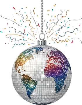 A sparkling disco ball in the shape of planet Earth with rainbow continents and exploding confetti.