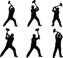 Sledgehammer worker silhouette, construction labor poses, manual tool action, industrial strength, vector illustration for stock, black figure, physical motion, impact stance