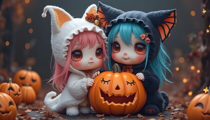 Cute dolls in Halloween costumes celebrate autumn with a smiling pumpkin during a festive gathering in a forest setting Generative AI