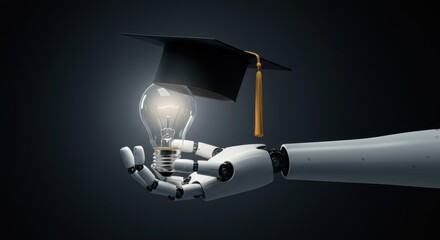 Robotic hand holding a graduation cap atop a glowing lightbulb symbolizing innovation and education in a dark setting