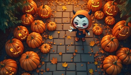 Cute animated character surrounded by glowing jack-o'-lanterns on a picturesque pathway during autumn festivities Generative AI