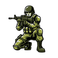 Military Soldier Aiming Rifle in Combat Stance Illustration