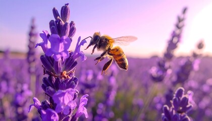 A bee approaches a lavender flower in a field, bathed in sunlight