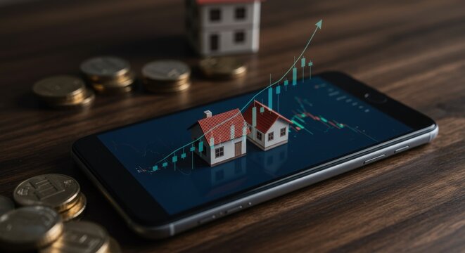 Smartphone Displays Housing Market Growth Chart with Miniature Houses and Stacks of Coins on Wooden Table