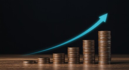 Stack of coins increasing in height with blue arrow graph on dark background showing financial growth and success