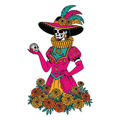 Colorful illustration of a sugar skull woman in a pink dress and hat holding a skull surrounded by orange roses on a white background.
