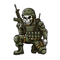 Cartoon skeleton soldier in full tactical combat gear with a rifle, mascot illustration