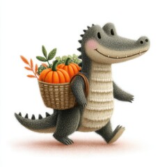 Fototapeta premium Adorable cartoon alligator carrying a basket of pumpkins and autumn leaves on its back