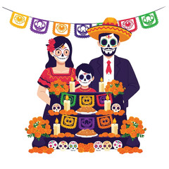 Illustration of a Dia de los Muertos family with sugar skull makeup standing behind an altar with flowers and candles on a white background with colorful papel picado banners.