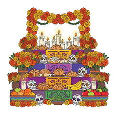 Vibrant and colorful altars with offerings and skulls decorated with flowers and candles on a white background for Day of the Dead celebrations.