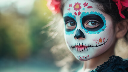 Close up of child with painted Calavera face on blurred background, Day of the Dead, space for text.