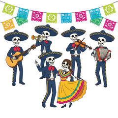 Colorful illustration of skeletons dressed as mariachi musicians and a dancer celebrating a festive Latin American holiday with a banner of flags.
