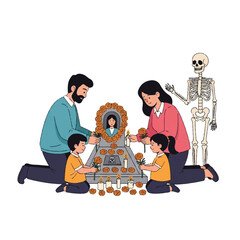 Illustration of a family with two children and a skeleton decorating an altar with orange flowers and a framed photo on a white background.