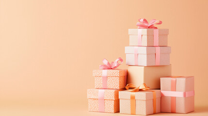 
Gift boxes stacked neatly with ribbon, minimal background. World Shopping Day.