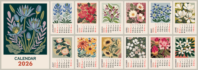 Vintage 2026 floral calendar design with botanical illustrations featuring lotus, hibiscus, magnolia, sunflower, cherry blossom. Retro mid-century aesthetic with soft muted colors, cream background