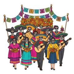 Colorful illustration of a lively mariachi band with skeleton musicians and dancers wearing traditional Mexican clothing and playing instruments against a white background with festive
