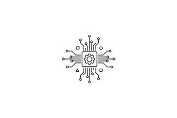 Central processor unit (CPU) with a gear icon. Concept of AI, machine learning, data processing. Technology circuit board. Hardware engineering and big data computing.