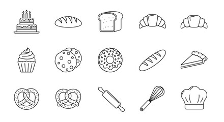 Bakery and pastry shop line icon set. Vector outline symbols of baking food, bread, and desserts. Fresh baked goods like cake, croissant, donut, pie. Cooking kitchen tools.