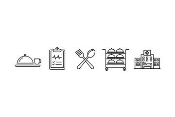 Hospital food service icon set. Patient meal delivery, healthcare nutrition and clinical diet concept. Vector line art symbols for medical catering, food tray, and health care.