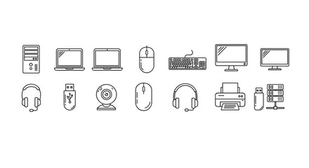 Computer hardware and peripherals thin line icon set. PC technology outline vector illustration. Laptop, monitor, keyboard, mouse, printer, server, webcam, headset icons.