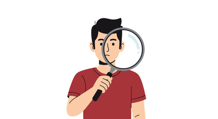 Man with magnifying glass. Search, find, and analyze concept. Detective, investigator, or researcher looking for information. Business analysis, SEO, data audit, and inspection.