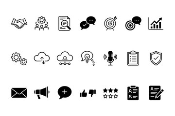 Business and marketing universal icon set. Thin line and solid vector icons for web design. Teamwork, strategy, communication, feedback, analysis, growth, security concepts.