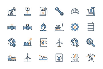 Energy industry vector icon set. Oil, gas, electricity, power generation concepts. Includes oil pump, factory, pipeline, tanker, barrel, wind turbine, gas station, power line symbols.
