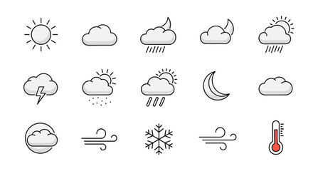 Set of modern vector weather icons including sun, cloud, rain, snow, wind, lightning, moon and temperature symbols, simple flat design, meteorology and climate concepts.