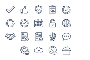 Approve, Check mark, and quality control line icons. Verification, certification, validation, security shield, checklist, agreement, award, and verified user vector symbols.