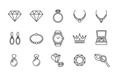 Jewelry line icon set. Diamond, ring, necklace, earrings, watch, crown, brilliant and gem vector symbols. Luxury accessories outline pictograms for jeweler and shop.