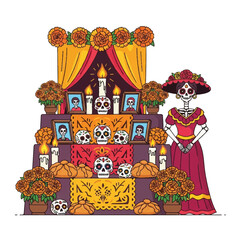 Illustration of a sugar skull woman standing beside a traditional Mexican Day of the Dead altar with candles, flowers, and photographs, against a white background with vibrant colors and a