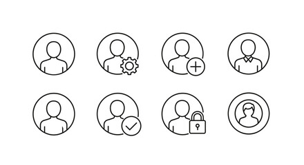 User profile line icon set. Account management symbols. Avatar, add user, settings, verified account, secure login. Personal identity concept. Line art for UI UX design.
