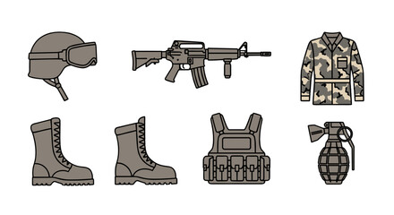 Military gear vector set. Army soldier equipment. Combat tactical gear. Helmet, assault rifle, camouflage uniform, combat boots, body armor vest, hand grenade. Weapon illustration.