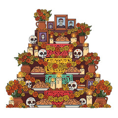 Vibrant Day of the Dead altar with skulls, flowers, food, and photographs on a white background, featuring a colorful arrangement of marigolds, candles, and offerings.