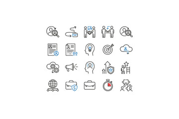 Thin line icon set for business, career, and HR. Icons for success, teamwork, management, job search, recruitment, growth, strategy, goal, resume, and corporate concepts.