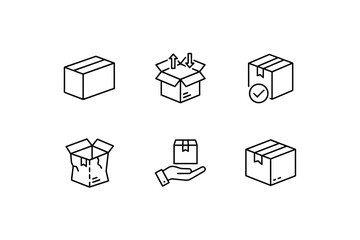 Shipping box and package delivery vector line icon set. Concepts for logistics, e-commerce, order fulfillment, parcel returns, receiving packages. Open, closed, damaged carton.