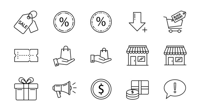 Shopping and retail line icon set for e-commerce. Includes sale tag, discount, Black Friday cart, coupon, gift, store, money, and promotion symbols. Thin outline vector.