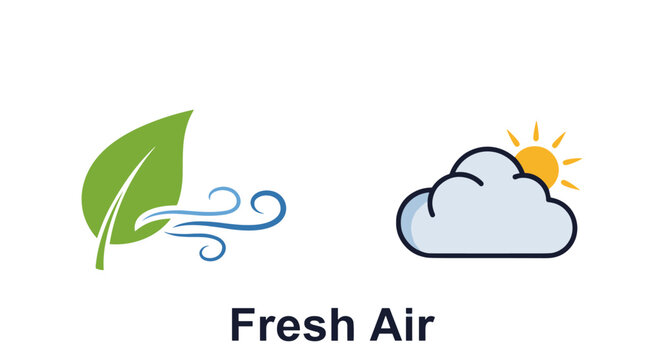 Clean air and nature concept icons. Green leaf with wind for fresh breath and ecology. Sun and cloud weather symbol. Vector illustration for healthy environment and outdoors.