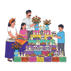 Illustration of a family decorating a colorful Day of the Dead altar with flowers and offerings