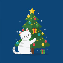A Vector Adorable Cat Adorns Christmas Tree with Ornaments Illustration