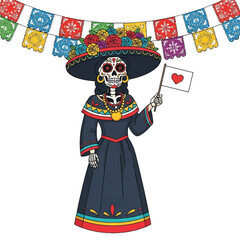 A colorful sugar skull woman in a traditional Mexican dress holding a heart flag under papel picado banners on a white background with vibrant and festive mood.