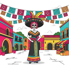 Colorful illustration of a sugar skull woman in a traditional Mexican dress standing in a vibrant Latin American town square with festive flags and buildings.