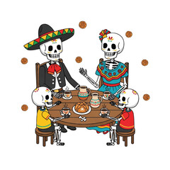 Illustration of a skeleton family in traditional Mexican attire having a meal together on a festive table with food and drinks on a white background.